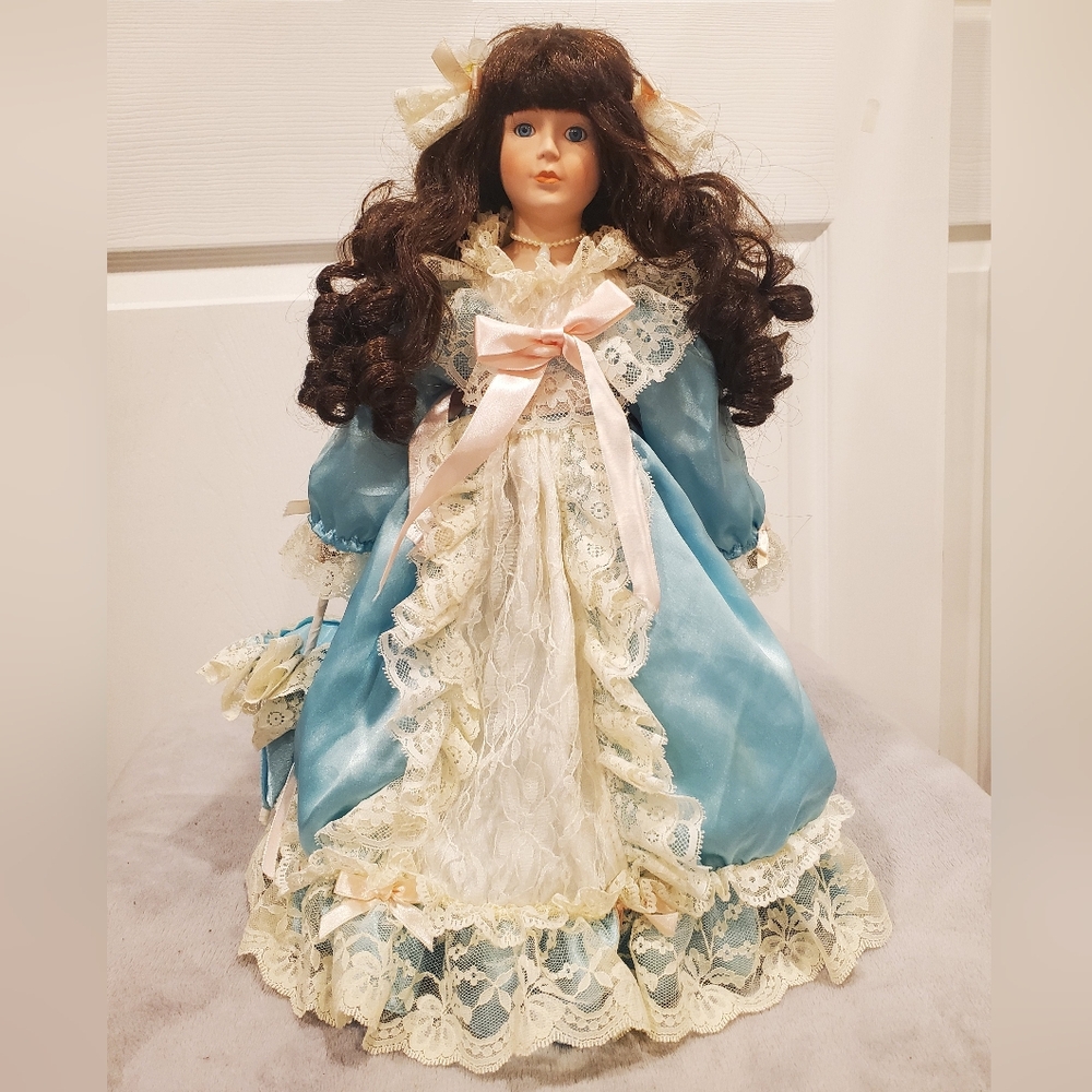 Vintage Porcelain Doll 1990s Blue And Lace Dress With Umbrella, Stand Included